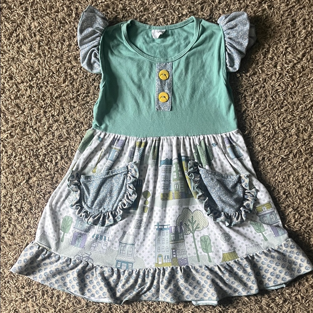 Charming Teal and Gray Kids Dress with Ruffle Details